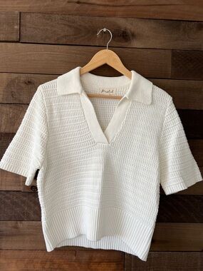 Marled Women's Johnny Collar Knit Polo Sweater in White Size Medium
